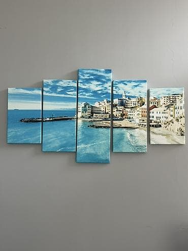 palata sekilleri: 5 panelli divar rəsmi – dəniz kənarı şəhər mənzərəsi — 1