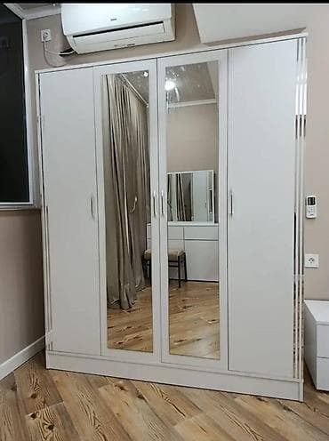 Yeni, 4 qapılı, Güzgülü, Ağ, Taxta, Açılan, Düz dolab