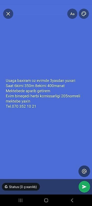 operator isi axtariram: Uşaqlara baxım xidməti (3 yaşdan yuxarı) - Baxım mənim evimdə təşkil — 1