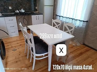 Ağ rəngdə yemək dəsti: - 120x70 sm ölçüdə düzbucaqlı masa - 4 ədəd