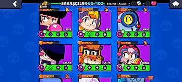 kohne pullar: Brawl Stars hesabı – 60/102 döyüşçü - Kolleksiya: 60 döyüşçü açıq — 5