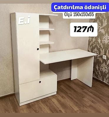 Ağ rəngli funksional iş masası və şkaf kombinasiyası. Ölçü