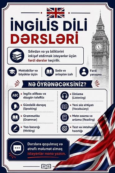 Xarici dil kursu, İngilis dili, Böyüklər üçün, IELTS/TOEFL lalafo.az -da Xarici dil kursu, İngilis dili, Böyüklər üçün, IELTS/TOEFL