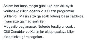 şlanqların satışı: Maşın gündəlik 45 AZN olmaqla 36 aylıq İlkin ödəniş: 2 000 AZN. Bütün — 12