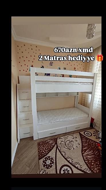 İki mərtəbəli uşaq çarpayısı – ağ rəngdə, kompakt və funksional