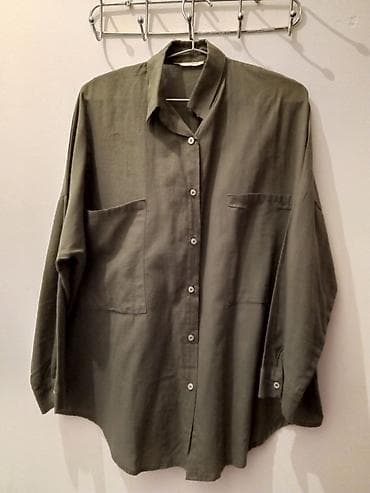 geyim kisi: Oversize qadın köynəyi – zeytun/xaqui yaşıl rəngdə - Model: düyməli — 4