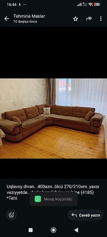 Ev üçün mebel: Uqlavoy divan. 400azn. ölcü 270/210sm. yaxsı veziyyetde. Acılır — 1