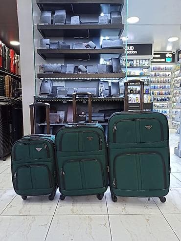 tekerli çantalar: Təkərli tekstil çamadan dəsti – 3 ölçü - Rəng: tünd yaşıl - Material — 1