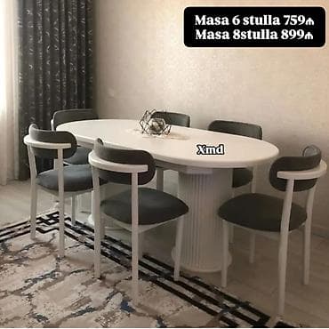 Oval yemək masası dəsti - Zərif oval formalı ağ masa, mərkəzdə