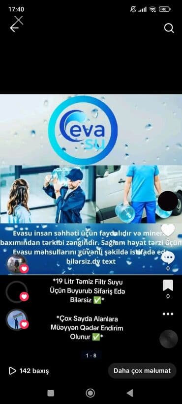 Digər qida məhsulları: Məhsul: Eva Su – 19 litrlik təmiz filtr suyu Təsvir: - İnsan — 1