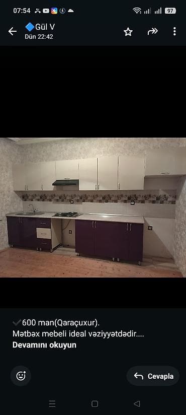 mətbəxt: ✔️600 man(Qaraçuxur). Mətbəx mebeli ideal vəziyyətdədir. Üstünde qaz — 1