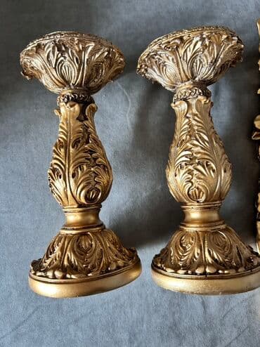 ev ucun guzgu: Qızılı dekor dəsti - 2 ədəd klassik üslubda şamdan: Barokko motivli — 2