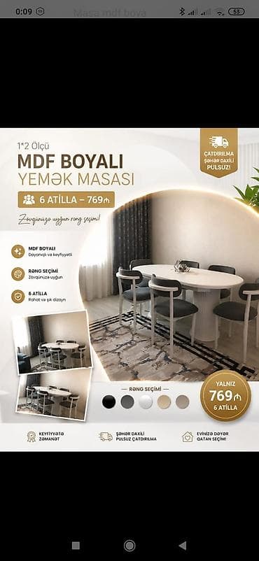 stullar ev ucun: MDF boyalı yemək masası və 6 ədəd stul dəsti - Ölçü: 1×2 m - — 4