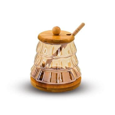 бал мед: Bal qabı Şüşe material Bal rengi Bamboo altlıq ve bamboo qaşıq deste — 2