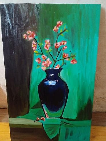 yastık: Rəsm əsəri – “Vazoda çiçəklər”34x21sm ölçü natura-mortTaxta üzərində — 1
