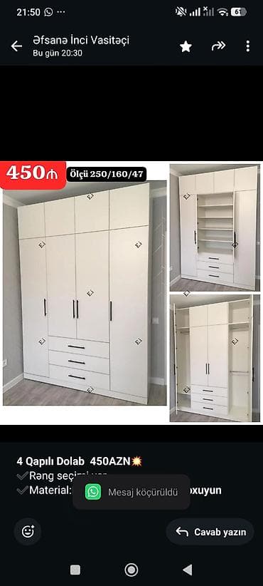 *4 Qapılı Dolab 450AZN💥* ✔️Rəng seçimi var ✔️Material:Rusiya