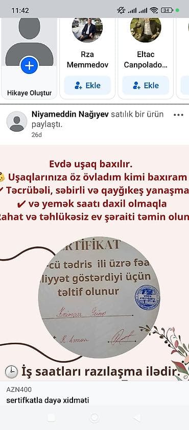 Xidmət: Evdə uşaq baxımı – sertifikatlı dayə Təsvir: - Peşəkar