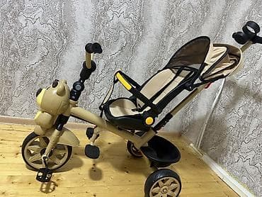 Uşaq üçtəkərli velosipedi – transformer tipli, bej/qızılı rəng. - Ön