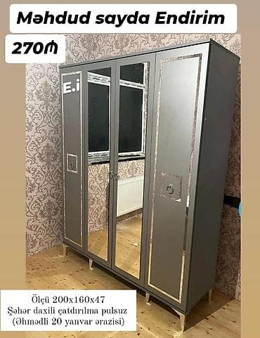 Мебель: Güzgülü paltar şkafı - Ölçü: 200 x 160 x 47 sm - Rəng: tünd boz — 1