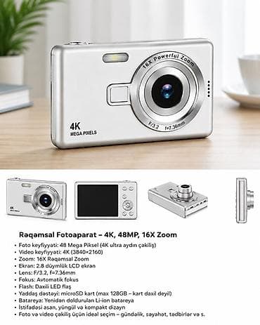 Rəqəmsal Fotoaparat – 4K, 48MP, 16X Zoom - Foto keyfiyyəti: 48 MP (4K — 1
