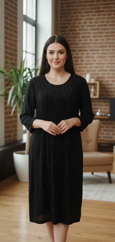 yasil don: Qara rəngdə zərli paltar - Model: dizə yaxın uzunluqda, düz kəsim - — 1