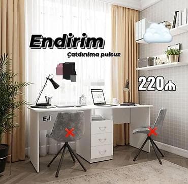 İkili iş masası – ağ rəngdə, geniş iş səthi və ortada 3 çekmecəli