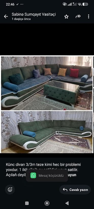 divan satisi: Künc divan 3/3m teze kimi hec bir problemi yoxdur. 1 ildi alinib ev — 1