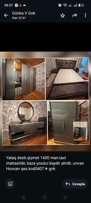 Yataq desti.qiymet 1400 man.taxt matraslidir, baza yoxdur.6aydir