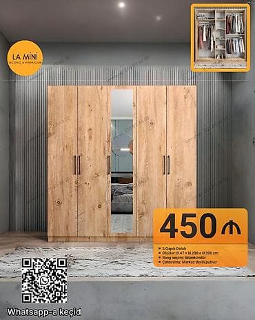 5 qapı, Güzgülü, Digər rəng, Taxta, Açılan, Düz dolab
