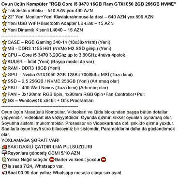 nexus 7: Oyun üçün Kompüter "RGB Core i5 3470 16GB Ram GTX1050 2GB 256GB NVME” — 4