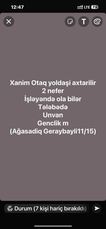 otaq yoldaşı axtarılır: Xanım otaq yoldaşı axtarılır. İki nəfər üçün uyğundur, həm işləyən — 1
