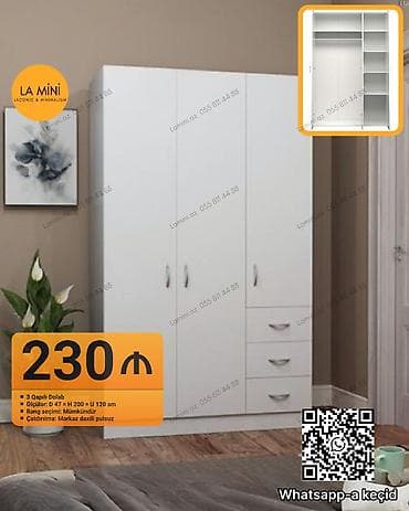 3 qapılı, Siyirməli, Ağ, Açılan, Düz dolab