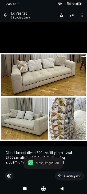 Classi brendi divan 600azn.1il yarım əvvəl 2700azn alinib