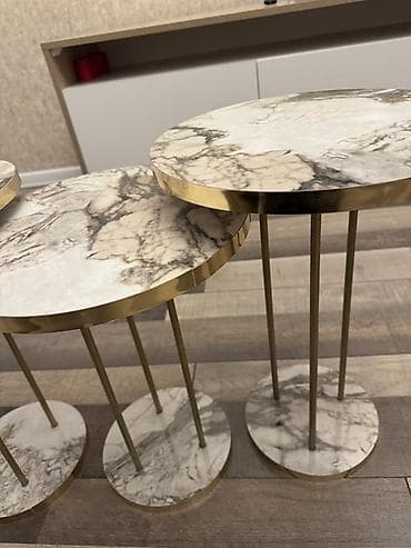 mermer masalar: Mərmər dekorlu 3-lü yan masa dəsti - Dəst: 3 ədəd dairəvi yan/servis — 5
