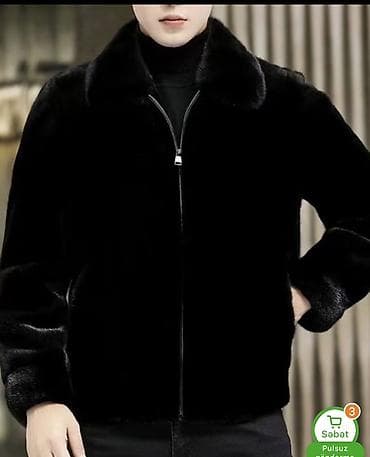 paltar satisi: Kişi üçün qara rəngli süni kürk gödəkçə - Klassik düz kəsim, qısa — 1