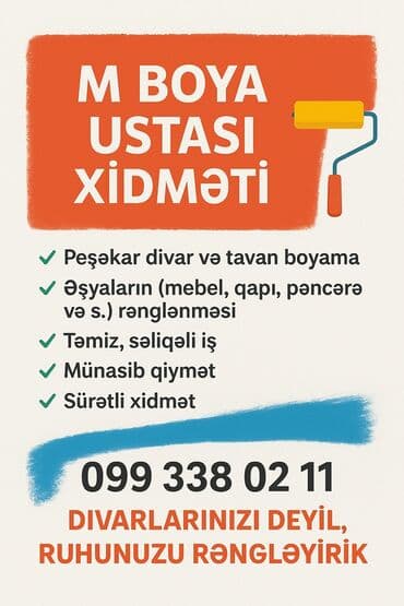 taxda qapi: M BOYA USTASI XİDMƏTİ Xidmətlər: - Peşəkar divar və tavan boyama - — 1