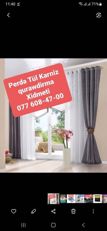 Pərdə. Tül. Karniz qurawdirma Xidmeti. Menzillerdə aksesuarlarin
