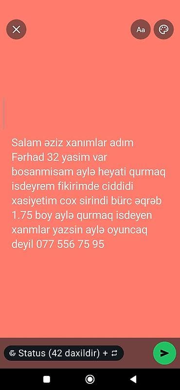 Xidmət: Tanışlıq elanıdır Məzmun: - Ad: Fərhad - Yaş: 32 - Ailə
