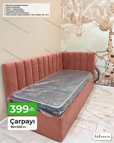 islenmis matras: Çarpayı – 90×200 sm - L‑şəkilli, yüksək arxa dayaqlı, yumşaq parça — 1
