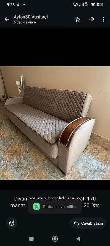Divan açılır və bazalıdi. Qiyməti 170 manat. Ünvan Mərdekan. Aytən 20