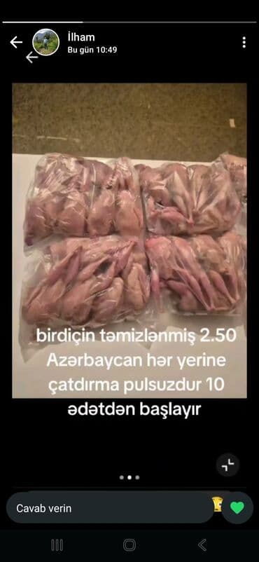 Məhsul: Təmizlənmiş bildirçin əti - Vakumlu/paketlənmiş şəkildə -