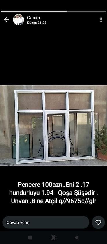 plasdik qapi: PVC pəncərə dəsti - Ölçü: eni 2.17 m, hündürlüyü 1.94 m - Material — 1