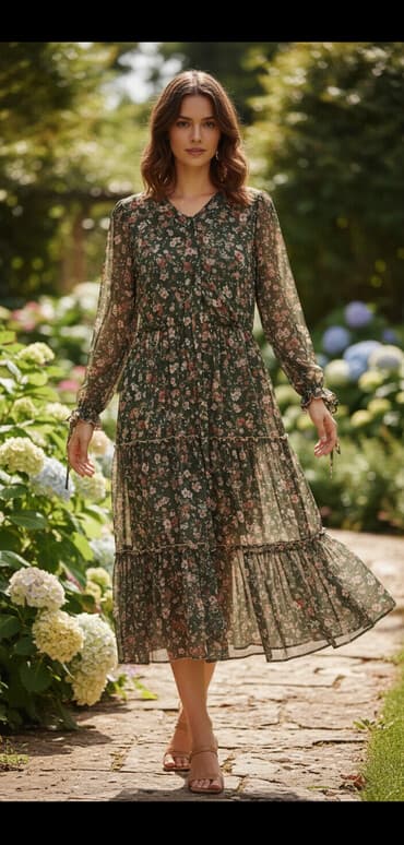 qadin donlari sekilleri: Çiçək naxışlı uzun don - Rəng: Tünd yaşıl fon üzərində çoxrəngli — 1