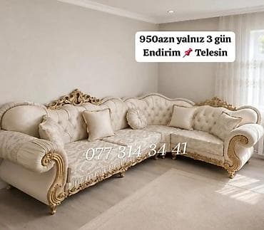 Klassik üslubda L‑şəkilli guşə divan - Rəng: açıq krem/bej tonları -