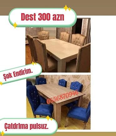 Qonaq otağı üçün, Yeni, Açılmayan, Dördbucaq masa, 6 stul