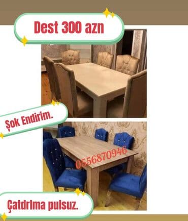 metbex stol stulları qiymetleri: Qonaq otağı üçün, Yeni, Açılmayan, Dördbucaq masa, 6 stul — 4