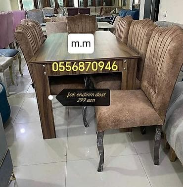 qoz agacindan stol: Qonaq otağı üçün, Yeni, Açılmayan, Dördbucaq masa, 6 stul — 3