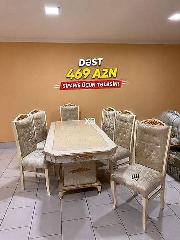 divan kreslo gence: Klassik üslubda yemək otağı dəsti. Dəst 1 ədəd düzbucaqlı masa və 6 — 1