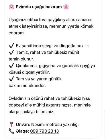 Evimdə uşaq baxımı xidməti - Ev şəraitində sevgi və diqqətlə qulluq - lalafo.az -da Evimdə uşaq baxımı xidməti - Ev şəraitində sevgi və diqqətlə qulluq -