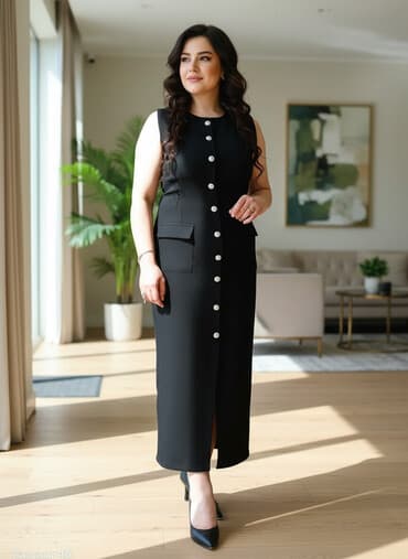 Qara rəngdə zərif qadın donu - Klassik düz kəsim, midi/uzun ölçü -